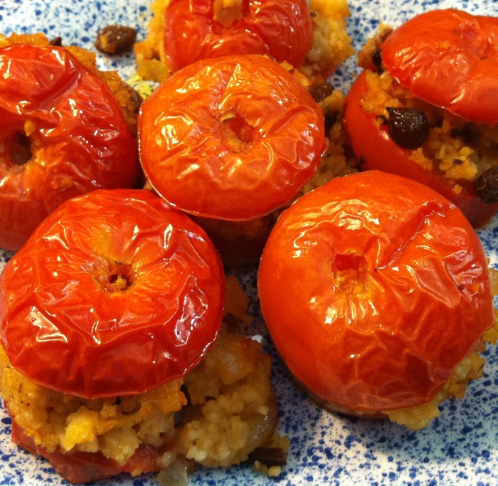 tomatoes stuffed with couscous + roasted vegetables with&nbsp;feta