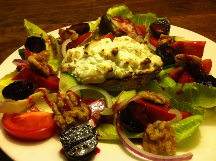 goat cheese on toast with balsamic baby beets and&nbsp;salad