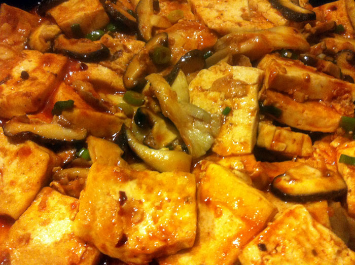 tofu with mushrooms + water spinach stir-fry