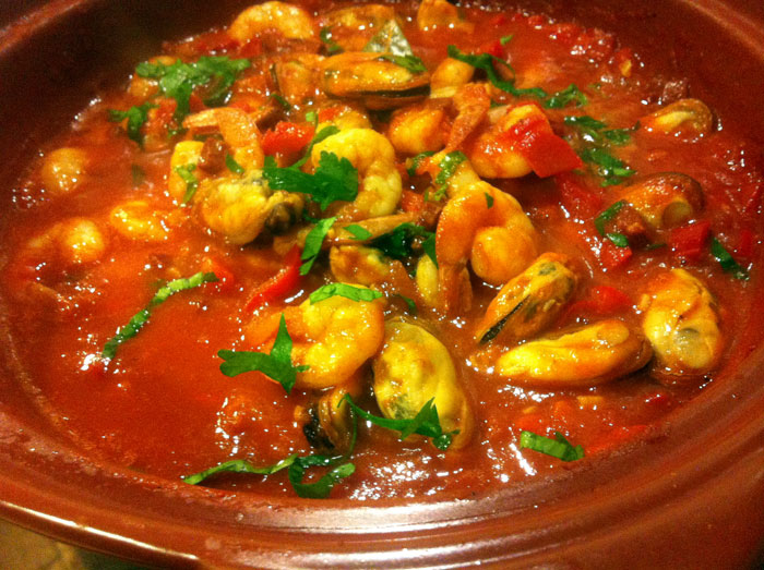 mussels and prawns with&nbsp;chorizo
