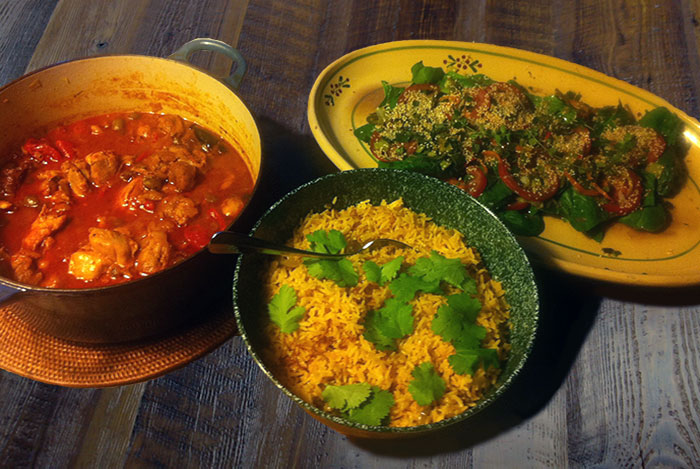 chicken with prunes and olives + spinach salad + yellow&nbsp;rice