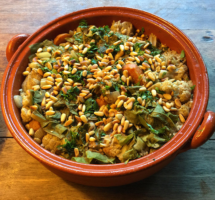 cauliflower pilaf + fried root veg + spinach and&nbsp;yoghurt