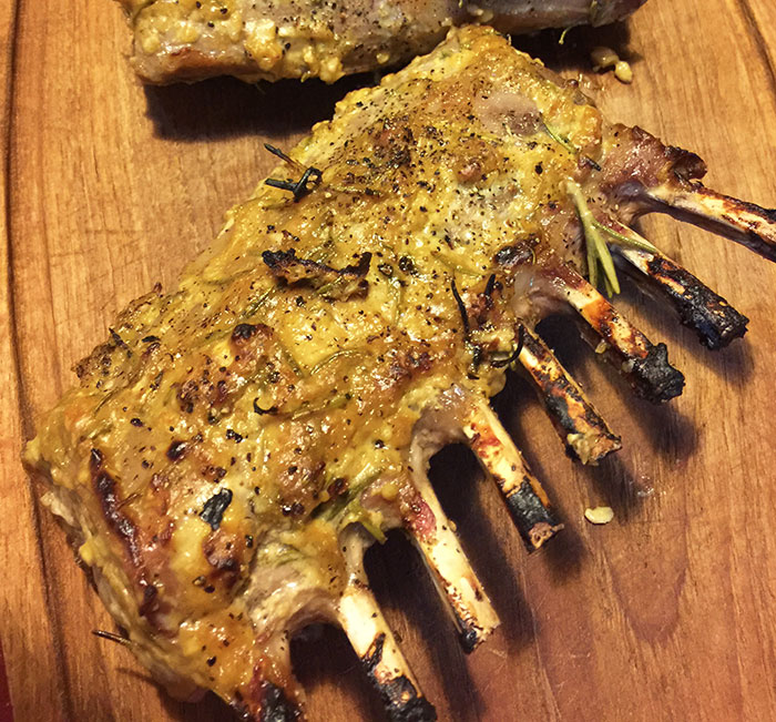 rack of lamb + peas with feta and mint + roasted red&nbsp;peppers