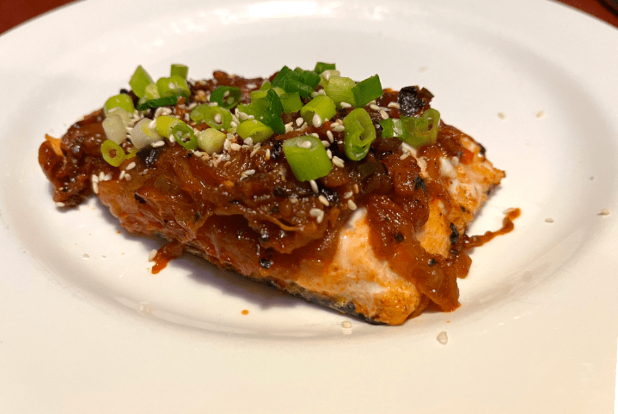 kimchi salmon + Korean cucumber&nbsp;salad