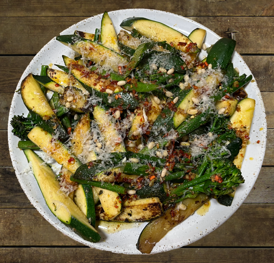 green vegetables with bacon, pine nuts and&nbsp;parmesan