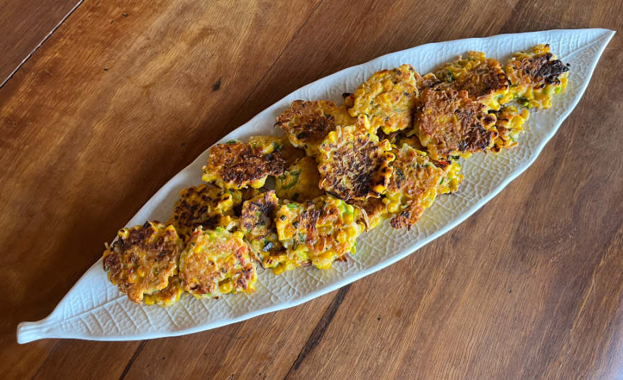 corn fritters + sweet tomato&nbsp;sambal
